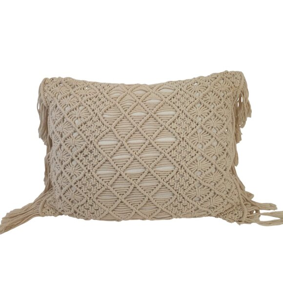 Home Goods Natural Macramé Boho Fringed 19"x15" Oblong Lumbar Pillow - Picture 1 of 6